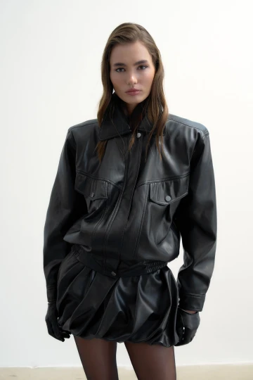 BLACK LEATHER ASYMMETRICAL BALLOON SKIRT