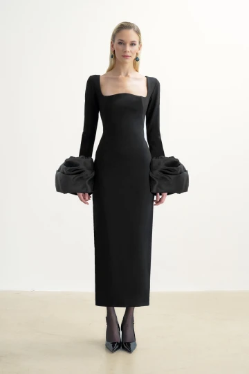 BLACK MIDI DRESS WITH CHEST DETAIL AND PUFFED SLEEVES