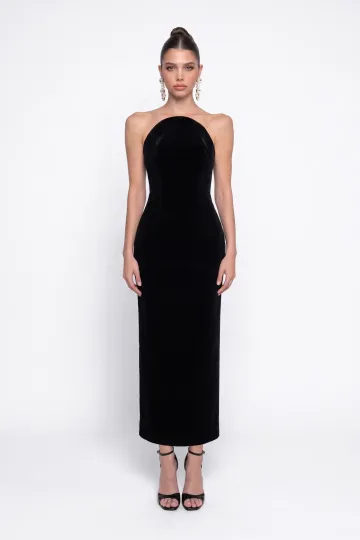 SİYAH KADİFE MİDİ BODYCON ELBİSE