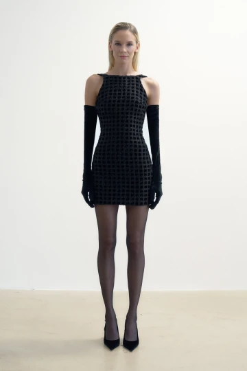 BLACK CHECKED HALTER-NECK MINI DRESS