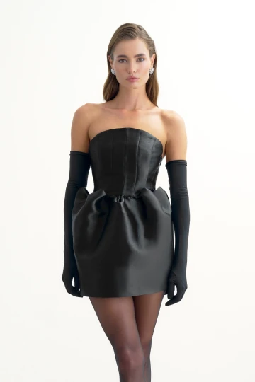 BLACK CORSETED MINI DRESS WITH BALLOON-SKIRT DETAIL