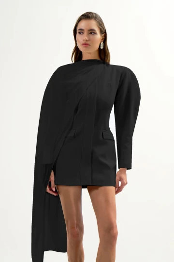 BLACK MINI BLAZER DRESS WITH SCARF DETAIL