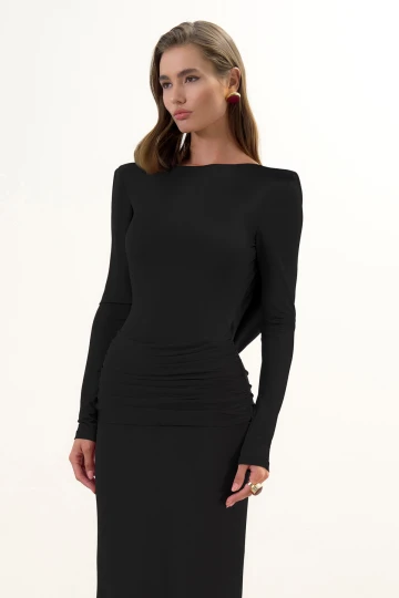 BLACK BACKLESS MAXI DRESS WITH DRAPED DETAIL