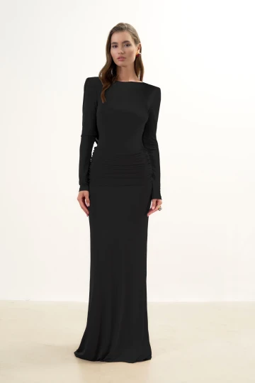 BLACK BACKLESS MAXI DRESS WITH DRAPED DETAIL