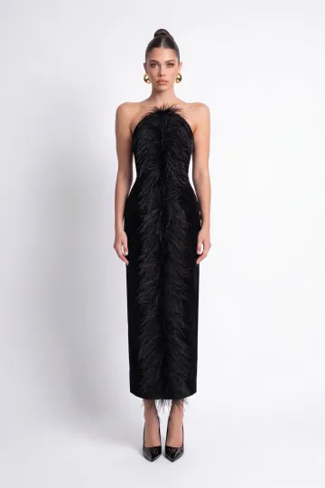 SİYAH TÜY DETAYLI KADİFE BODYCON MİDİ  ELBİSE