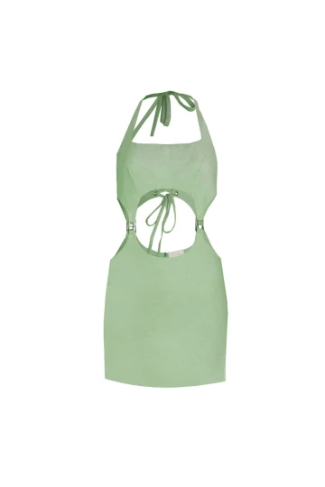 PISTACHIO GREEN LINEN MINI DRESS WITH BUCKLE DETAIL