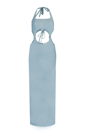 BLUE LINEN MIDI DRESS WITH BUCKLE DETAIL