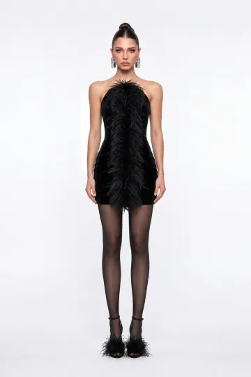 TÜY DETAYLI SİYAH KADİFE MİNİ BODYCON ELBİSE